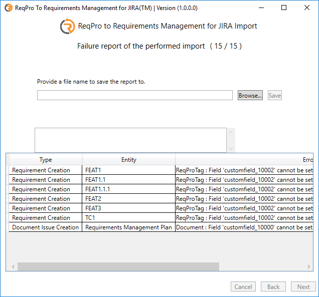 Failure report of the performed import