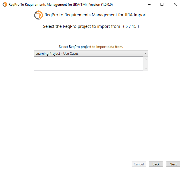 Select the ReqPro project to import from